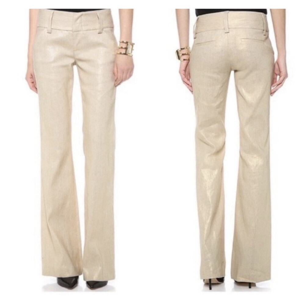 Alice + Olivia Pants Gold Metallic Linen Blend 8 Bootcut Flare Evening Low Rise